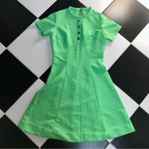 Vintage Sears Fashions Midcentury Quilted Bright Green Mini Dress Fit & Flare S